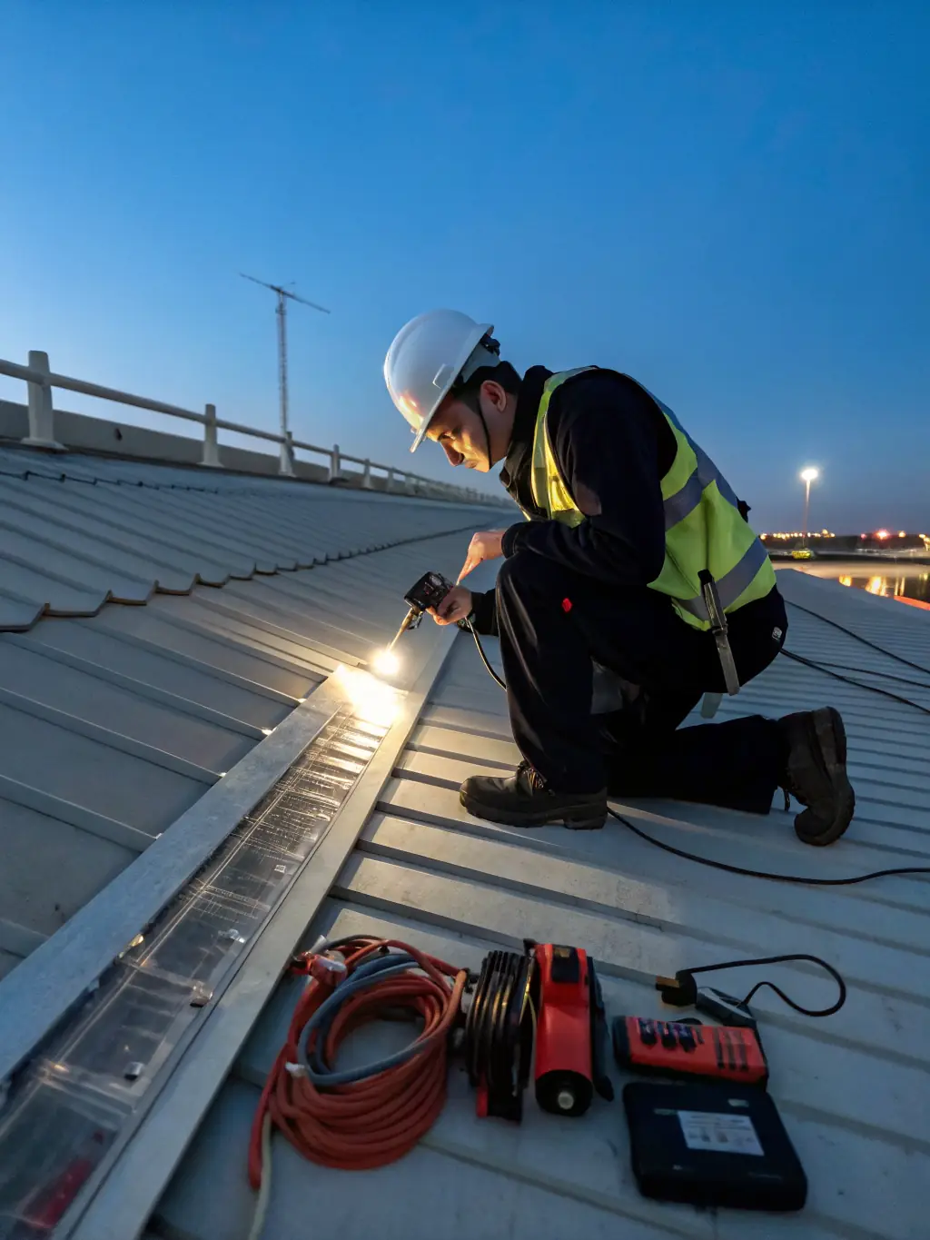 A technician responding to a roof leak during a storm, equipped with safety gear and equipment, ready to provide emergency repairs.