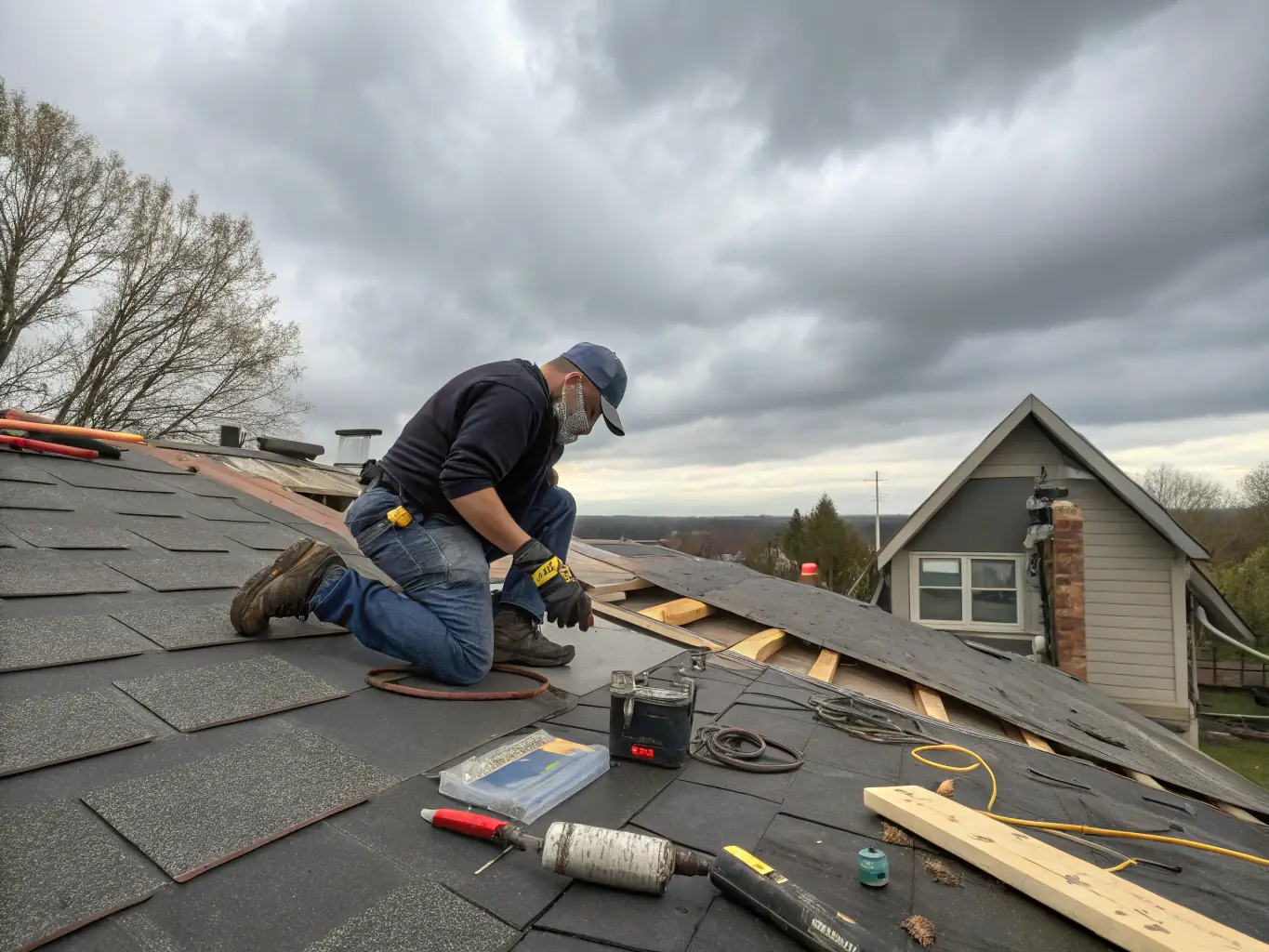 A technician repairing a roof leak during a storm, emphasizing the urgency and reliability of the 24/7 emergency repair service.