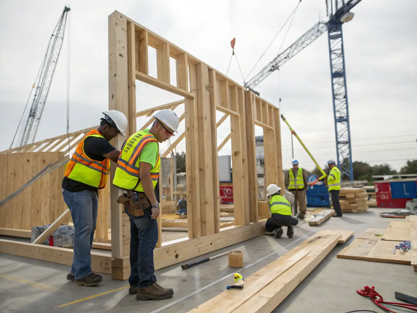 A construction crew working on a home addition, showcasing teamwork and quality craftsmanship, with a focus on structural integrity.