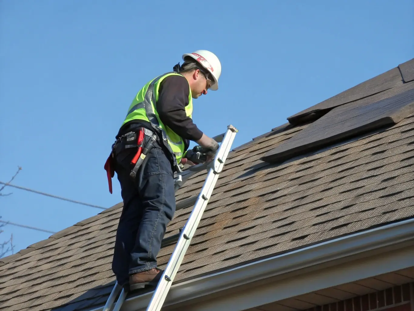 A professional roofer inspecting a roof with a clipboard, focusing on detail and precision, under a sunny sky. The image should convey expertise and attention to detail.