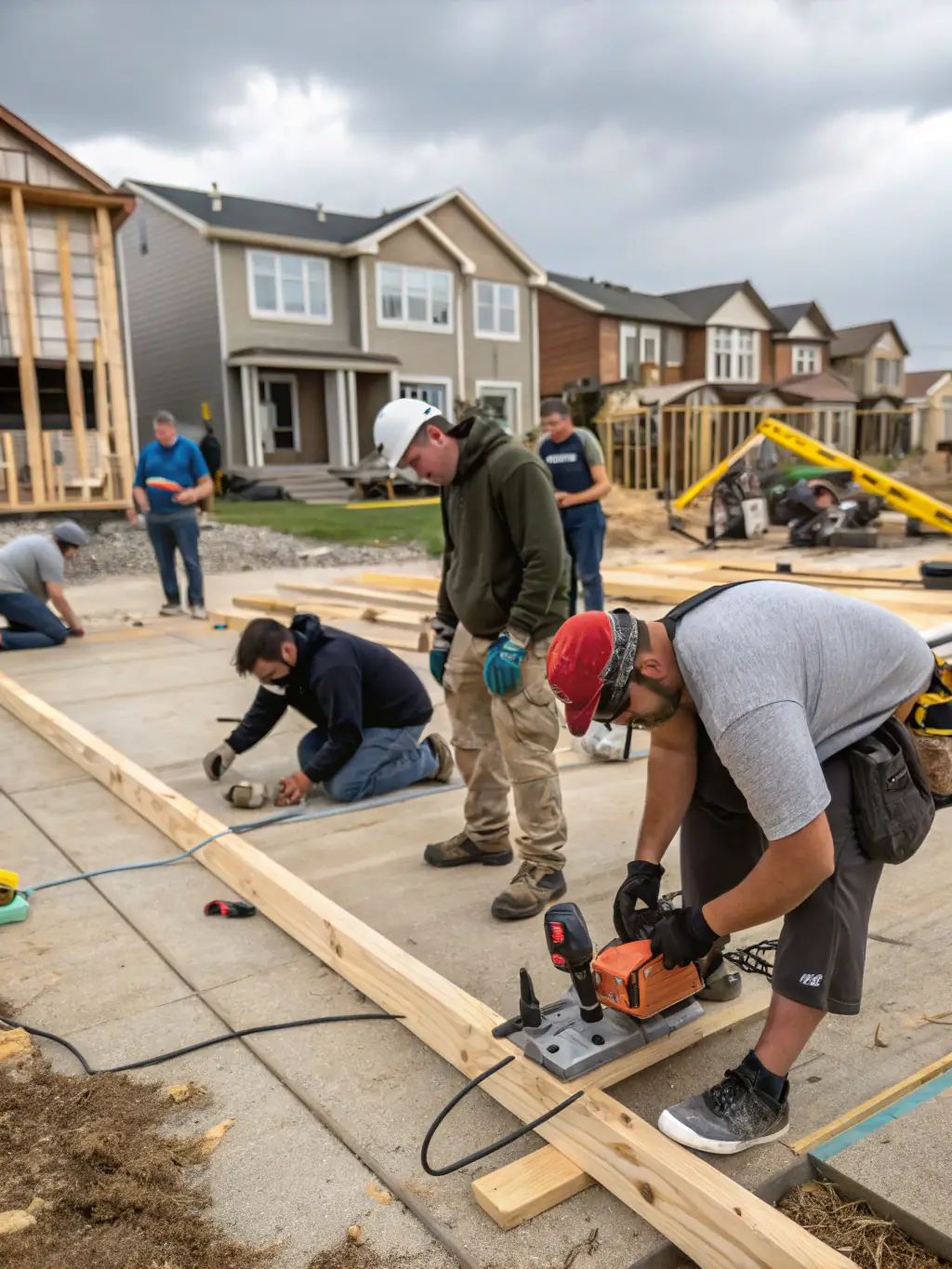 A team of builders working on a home renovation project with modern tools and safety gear, showcasing their expertise.